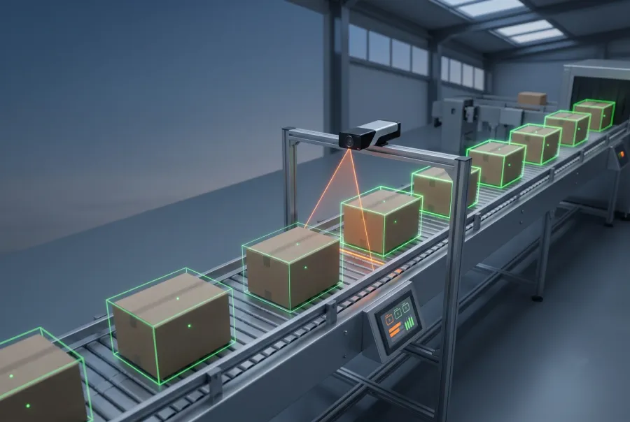 AI vision camera counting boxes on a conveyor with object detection outlines