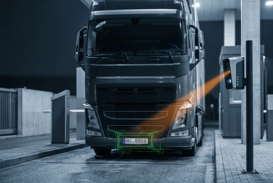 ANPR camera reading a truck number plate at a logistics gate at night