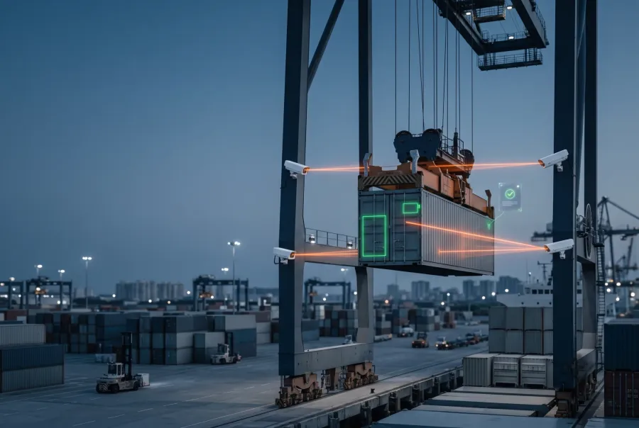 Crane OCR cameras on a quay crane reading the container number during a lift