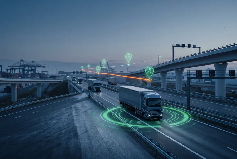 Fleet management with live GPS truck tracking and route pins on a highway