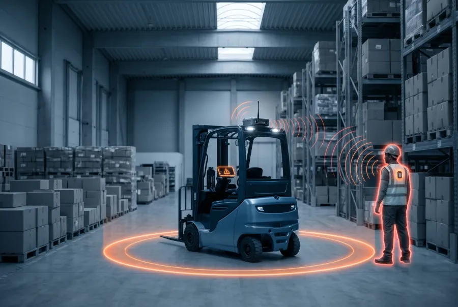 Forklift proximity warning system alerting a worker wearing a safety tag inside the danger zone
