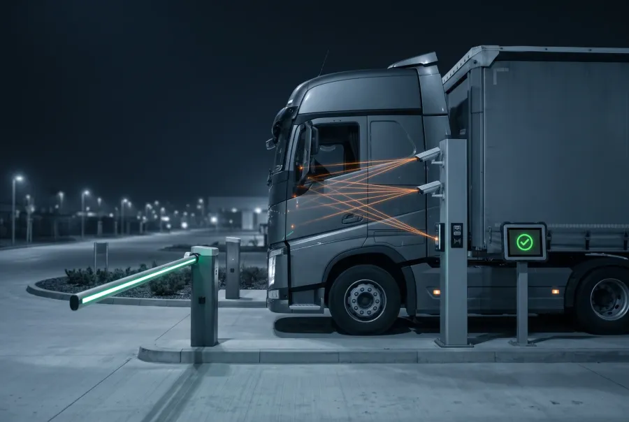Gate automation system with ANPR cameras, RFID reader and automatic boom barrier clearing a truck