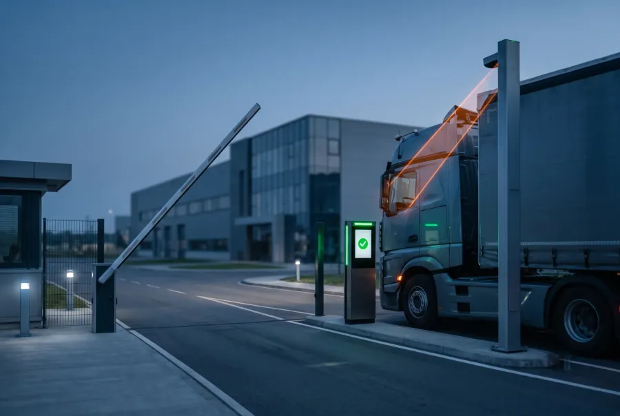 Manufacturing plant gate automation with camera check, kiosk approval and boom barrier for truck entry