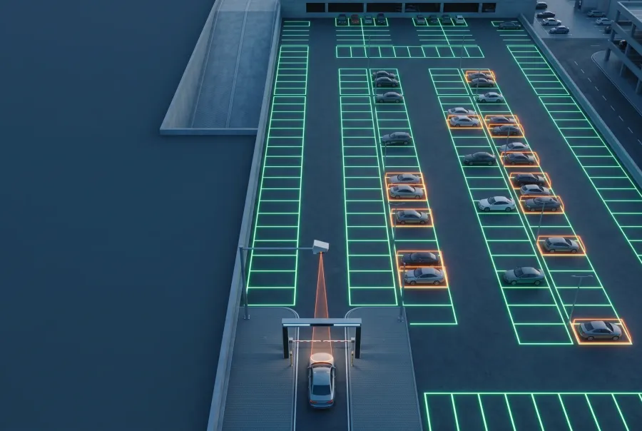 Parking management system with ANPR entry camera and live free and occupied bay detection