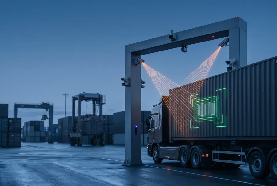 Automated port gate reading a container number with AI container OCR cameras