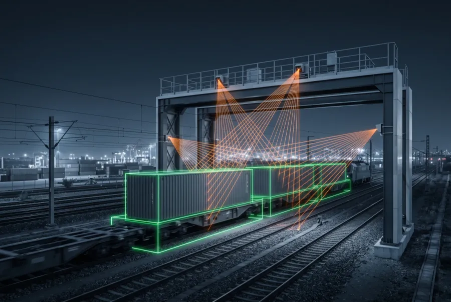 Rail OCR gantry scanning wagons and containers on a moving freight train