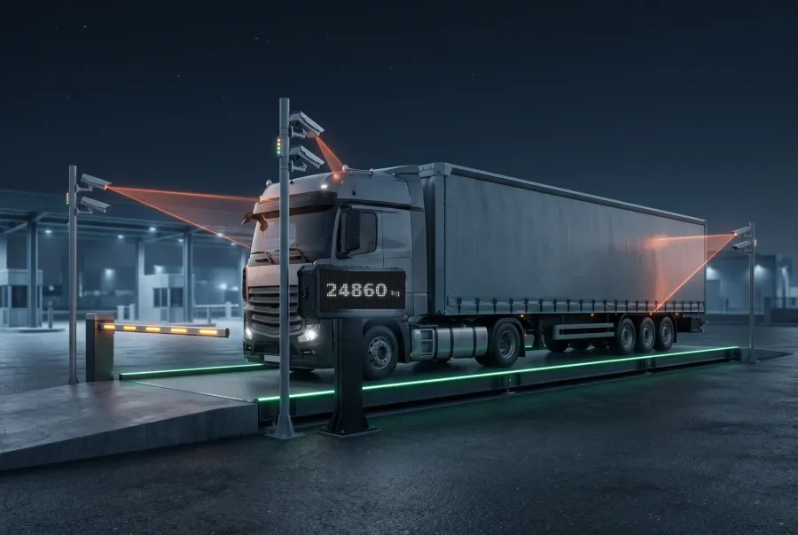Unmanned weighbridge system weighing a truck with camera verification and automatic boom barrier