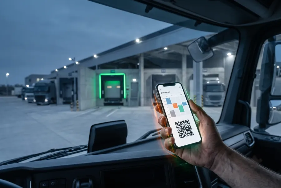 Truck driver using a vehicle booking system slot and QR pass on a phone at a loading dock