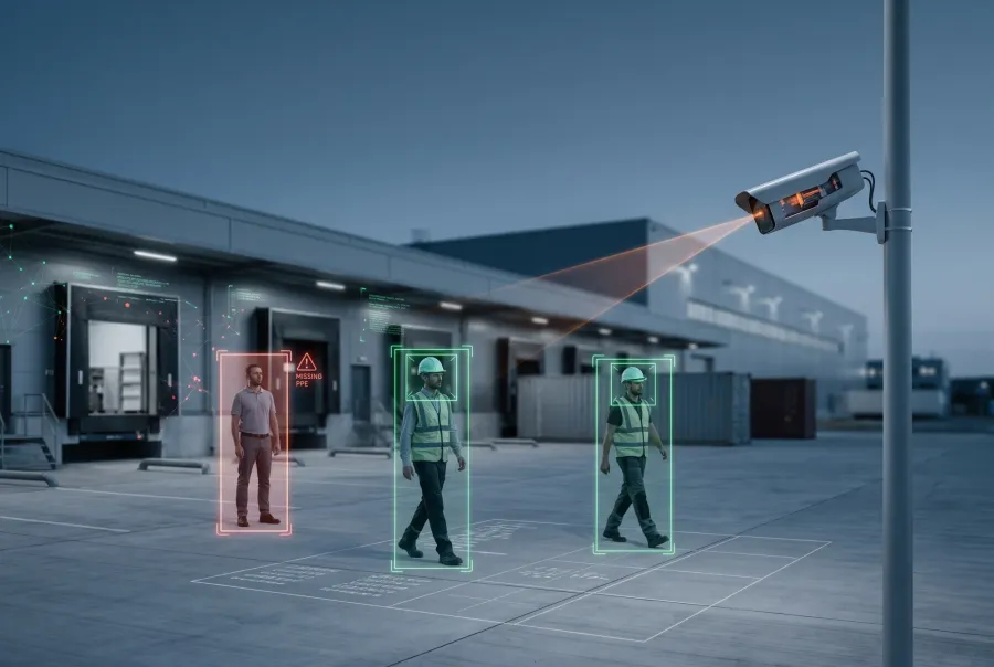 Vision AI safety camera detecting helmets and vests and flagging a worker without PPE