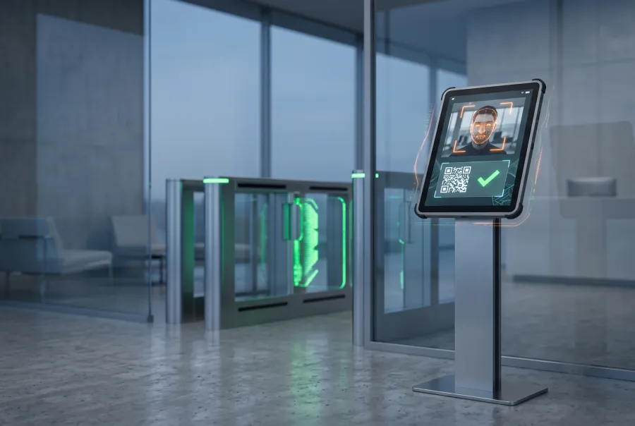 Visitor management kiosk with face recognition and QR pass at a glass turnstile