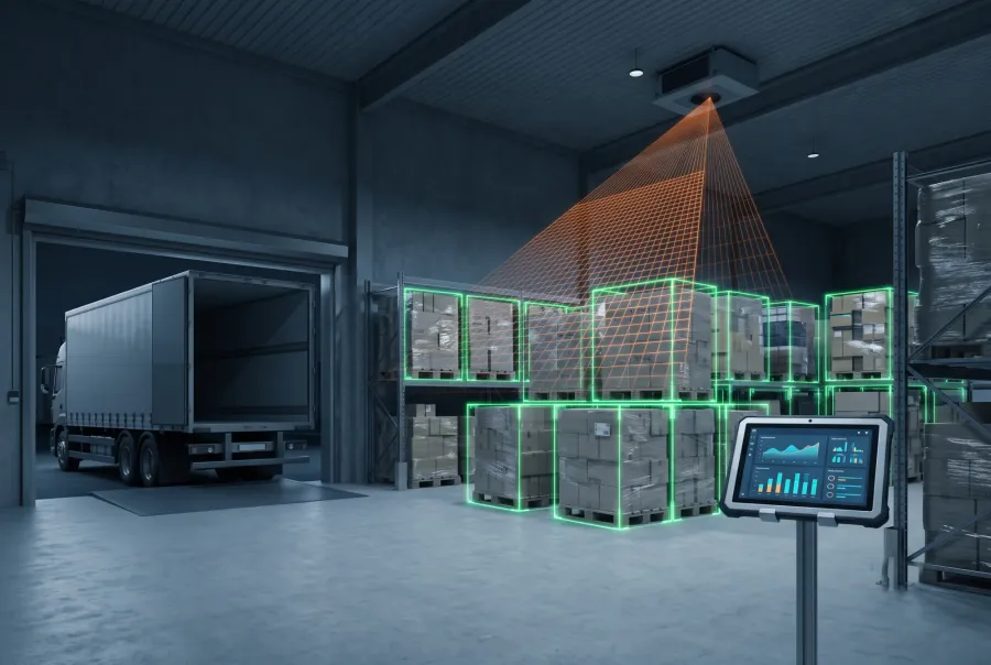Warehouse automation with an AI ceiling camera counting pallets at a truck loading dock