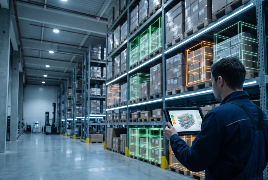 Warehouse management system tablet showing a 3D rack map with live pallet locations
